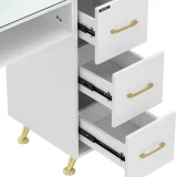 Măsuță cosmetică pentru manichiură, blat din sticlă, 3 sertare, 3 dulăpioare, 140 x 50 cm - alb și auriu 4