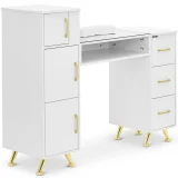 Măsuță cosmetică pentru manichiură, blat din sticlă, 3 sertare, 3 dulăpioare, 140 x 50 cm - alb și auriu