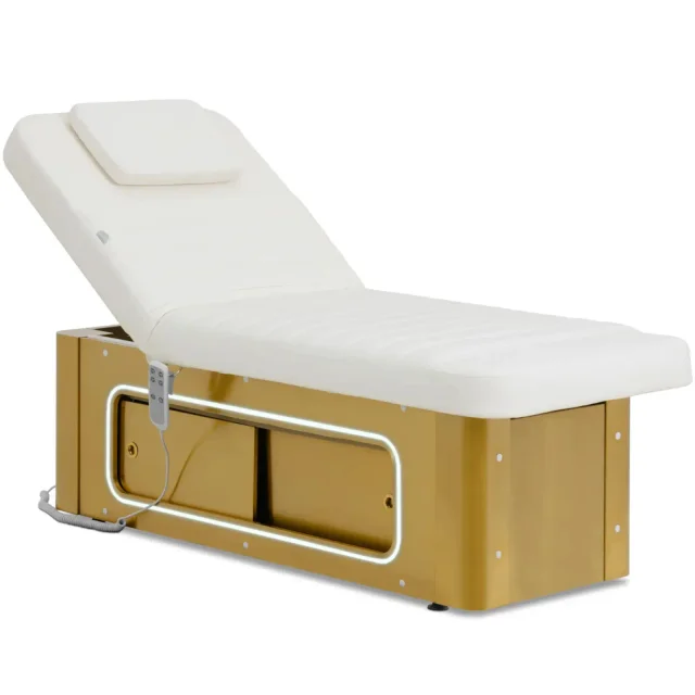 Fűtött SPA masszázs- és tetoválóasztal, 2 motor, 200 kg, POTENZA - fehér és arany