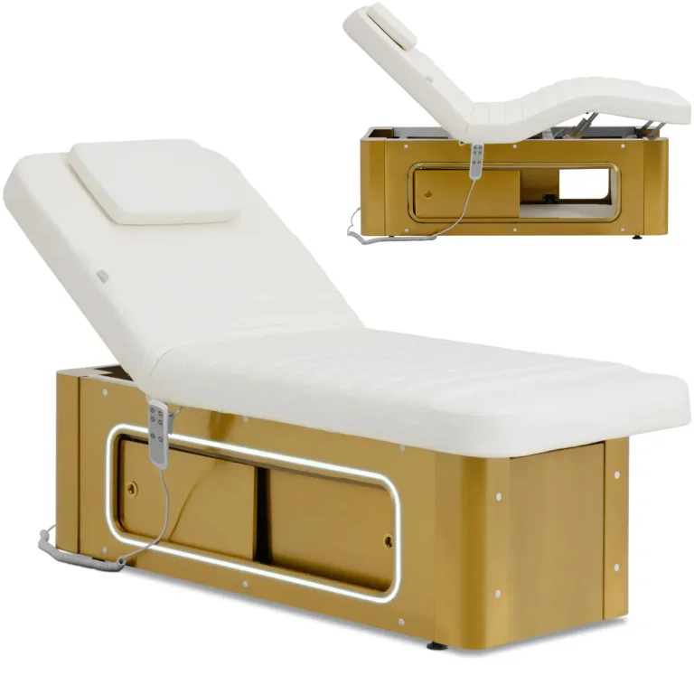 Fűtött SPA masszázs- és tetoválóasztal, 2 motor, 200 kg, POTENZA - fehér és arany