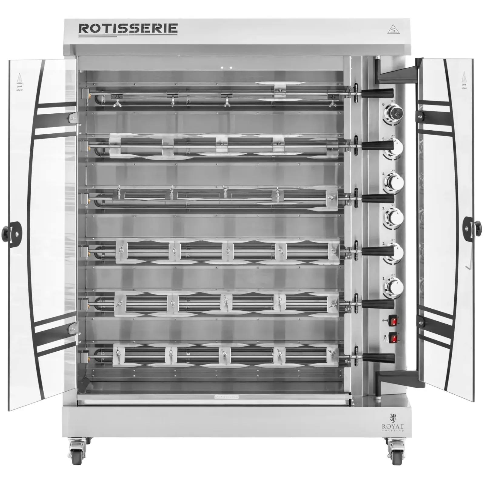 Elektromos csirkesütő, 6 nyárssal 36 csirkéhez, 12 000 W