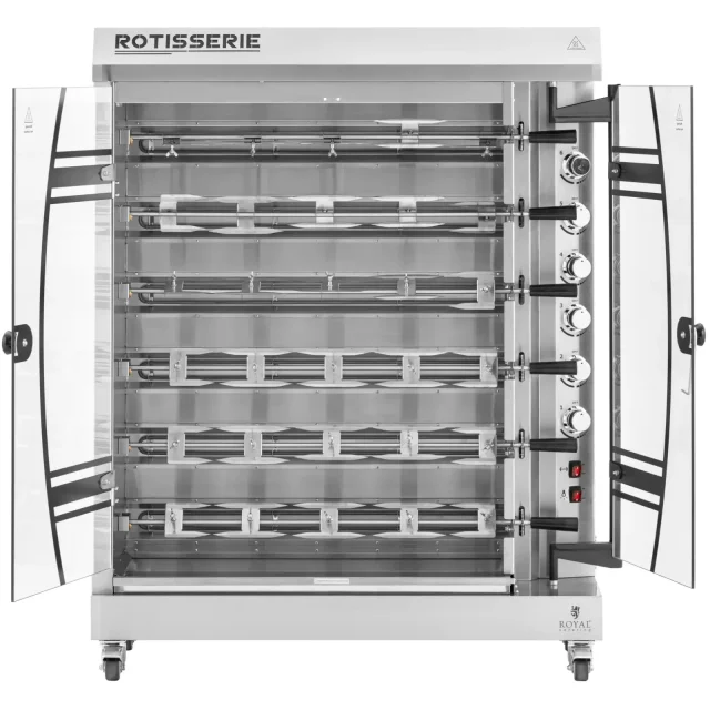 Elektromos csirkesütő, 6 nyárssal 36 csirkéhez, 12 000 W