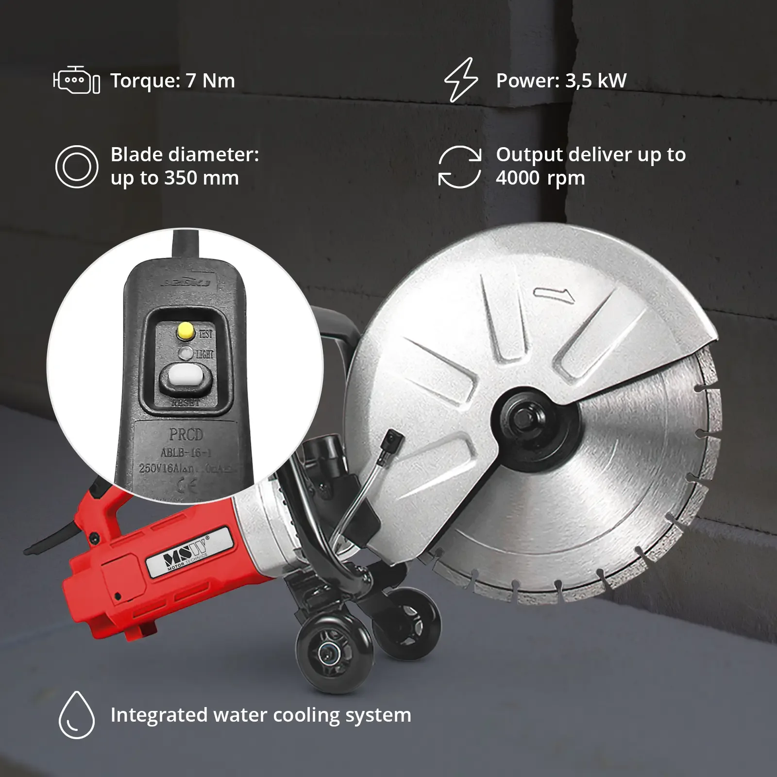 Fierăstrău electric pentru tăierea betonului, asfaltului și pietrei, 120 mm, 4000 rpm, 3500 W 3