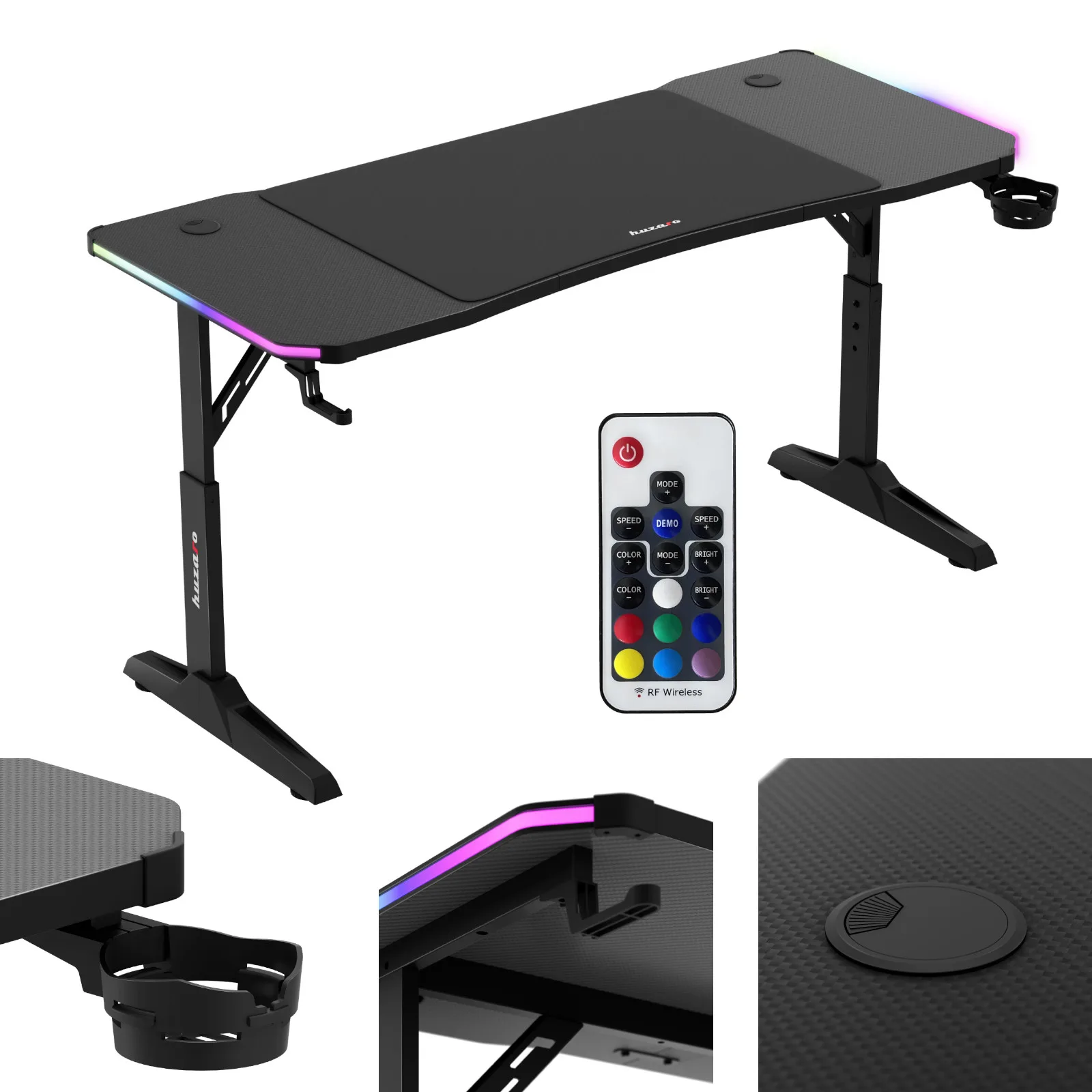 Birou de gaming HERO 3.6 RGB LED cu reglare pe înălțime, 140x60 cm - Negru 10