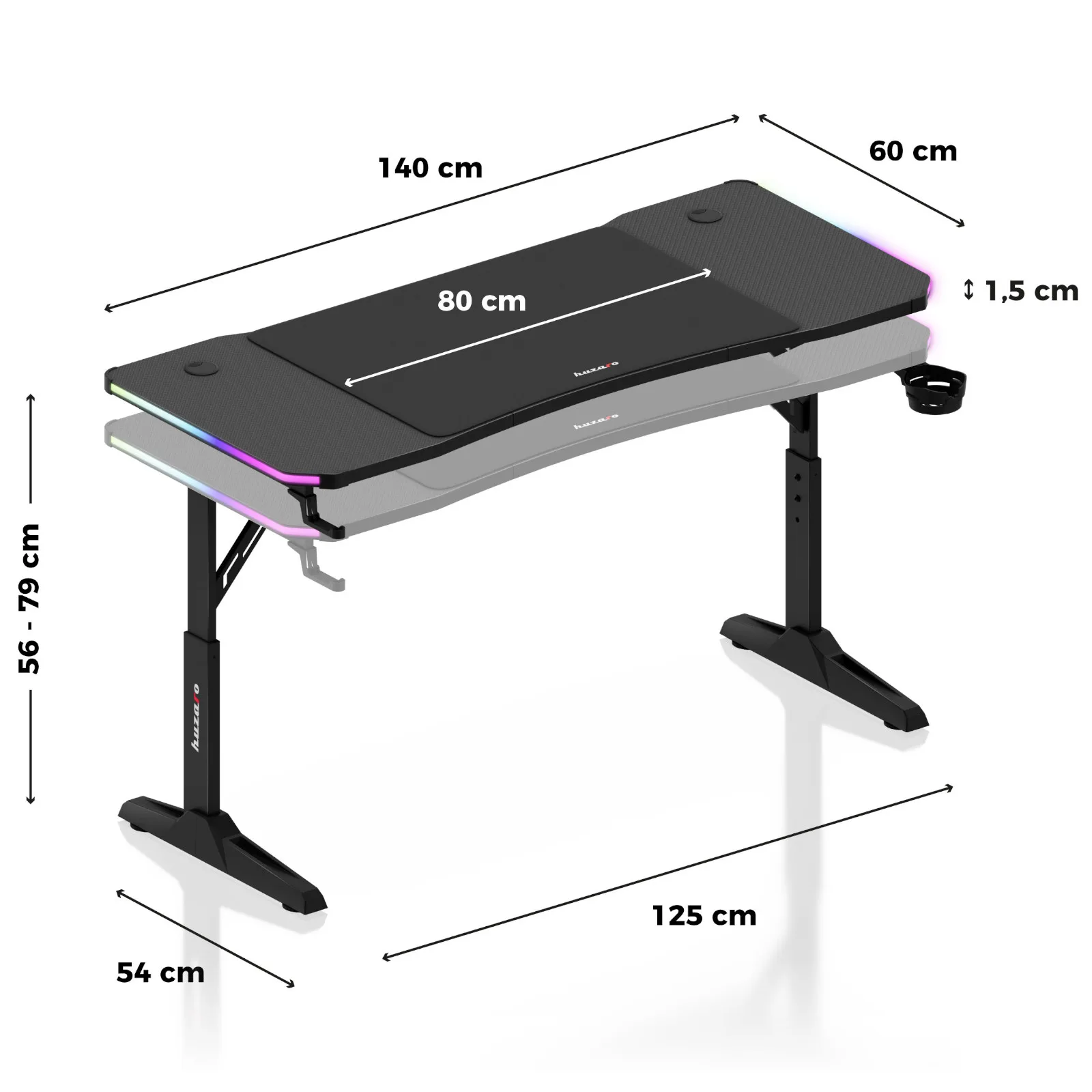 Birou de gaming HERO 3.6 RGB LED cu reglare pe înălțime, 140x60 cm - Negru 11
