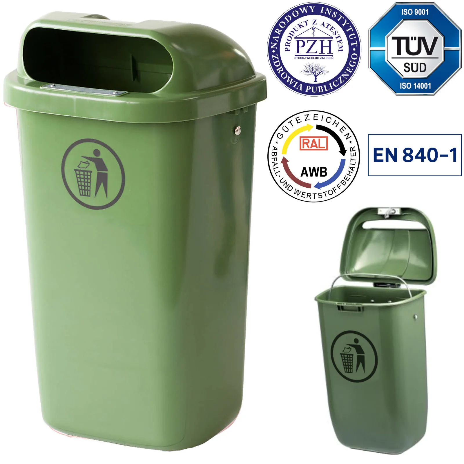 Coș de gunoi stradal, 50 l, pentru montare pe stâlp sau pe perete, standard DIN - verde 2