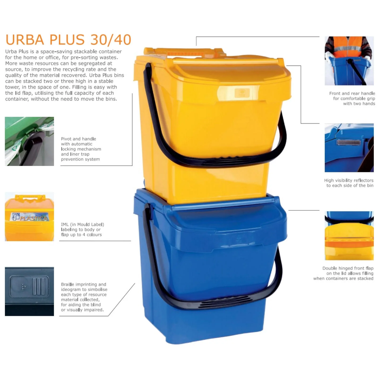Coș de gunoi pentru sortarea deșeurilor URBA PLUS 40L - albastru 10