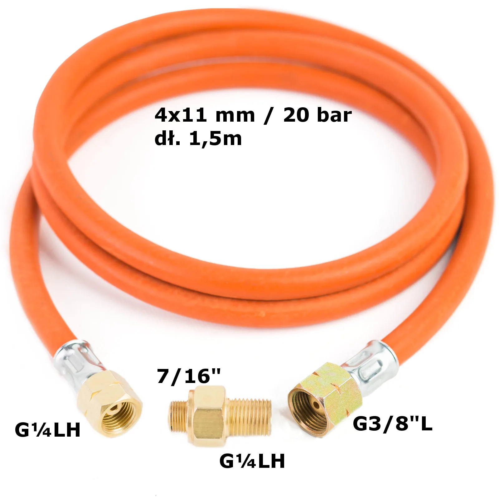 Csatlakozó adapter G 3/8" L - 7/16" kempinggázpalackhoz, 1,5 m-es tömlővel