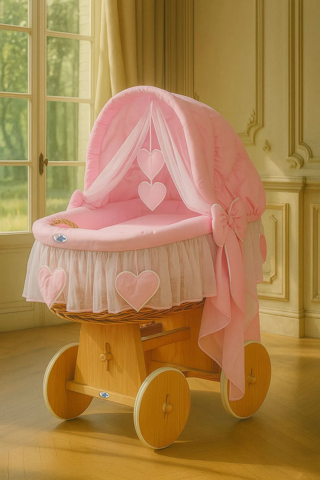 Moses Basket Wicker hood crib Amelie - natural + pink bedding 2