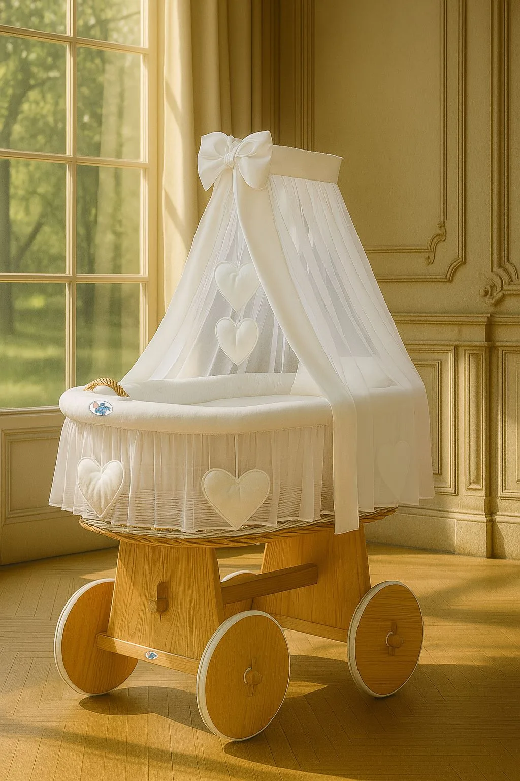Moses Basket Wicker drape crib Amelie - natural + white bedding 2