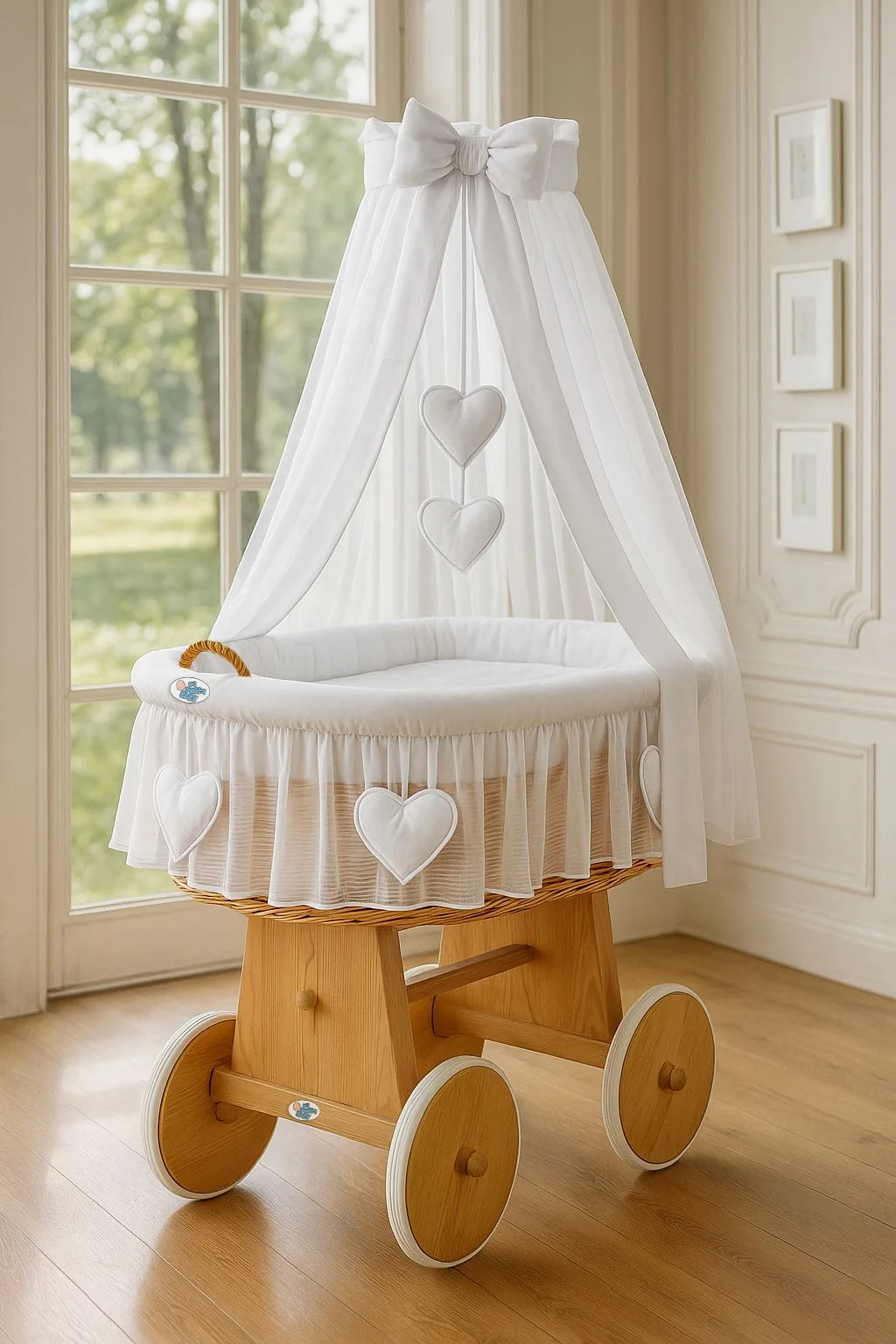Moses Basket Wicker drape crib Amelie - natural + white bedding 3