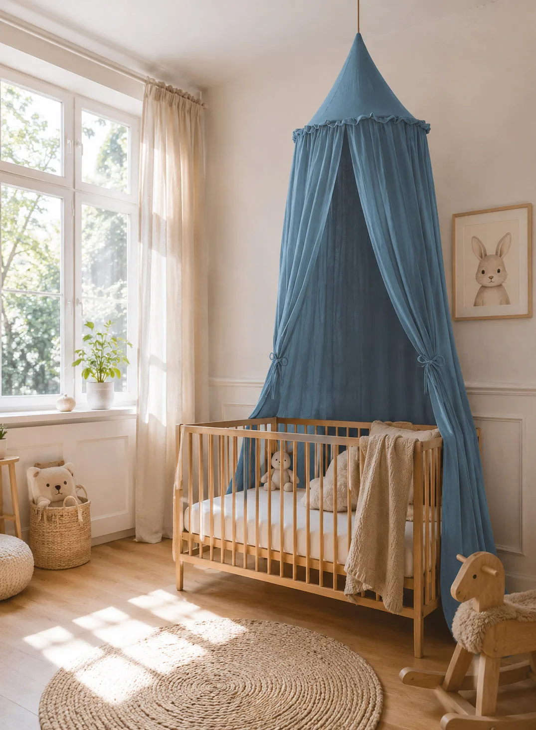 Muslin hanging canopy with frill - pastel blue 3
