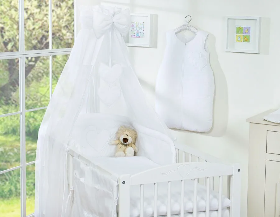 Bedding set 5-pcs 120x90 with canopy - Hanging Hearts white