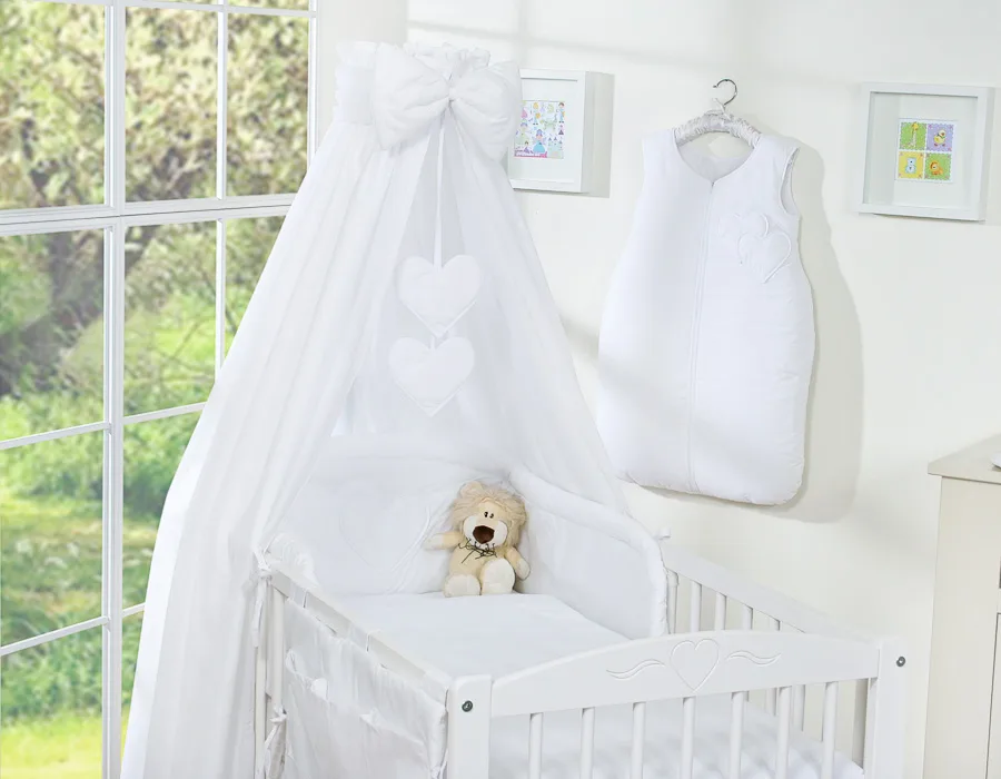 Bedding set 5-pcs 120x90 with canopy - Hanging Hearts white 5