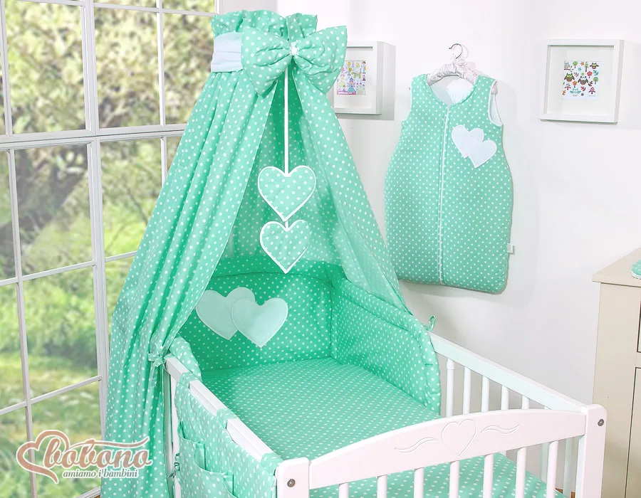 Bedding set 5-pcs 120x90 - Hanging Hearts white dots on mint 5