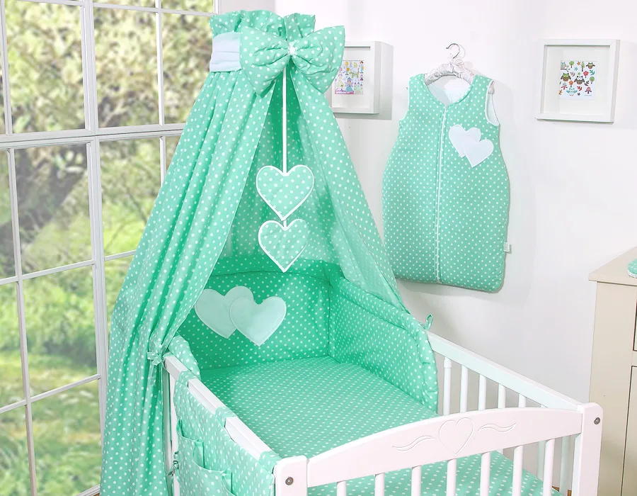 Bedding set 5-pcs 120x90 - Hanging Hearts white dots on mint 2
