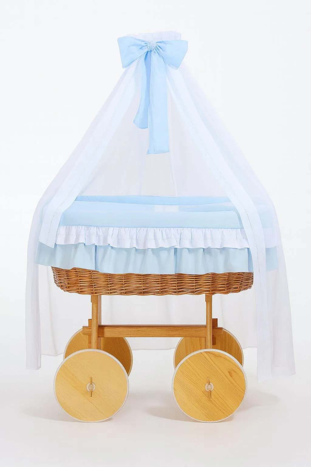 Moses Basket Wicker drape crib Deluxe Bellamy - natural + blue bedding