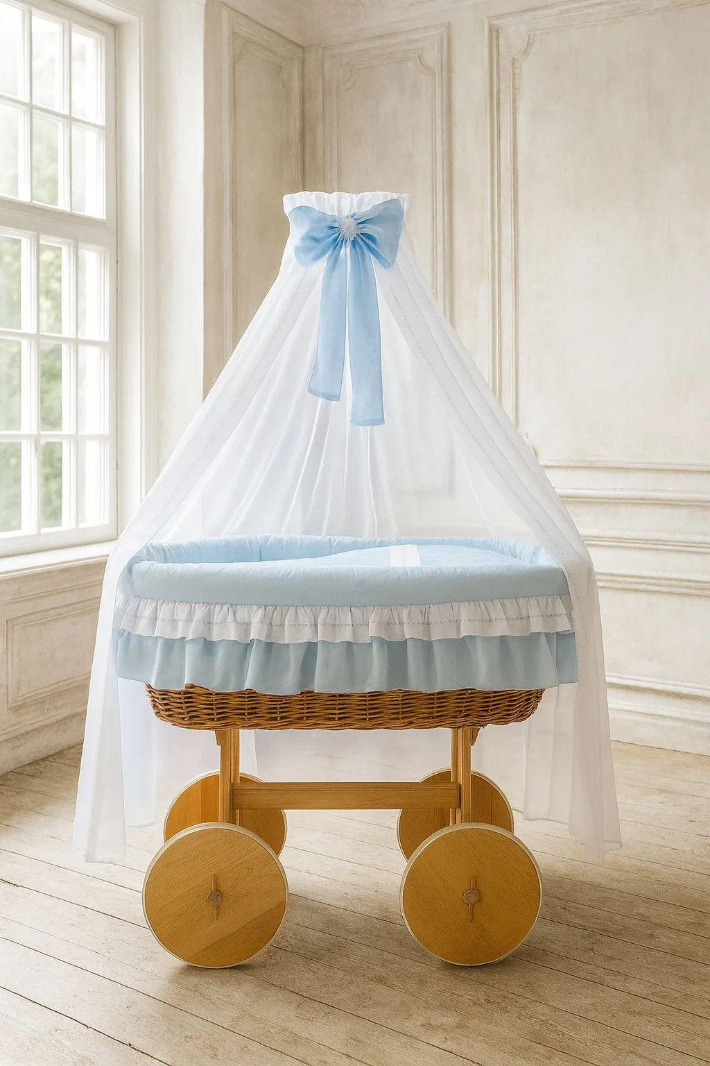 Moses Basket Wicker drape crib Deluxe Bellamy - natural + blue bedding 5