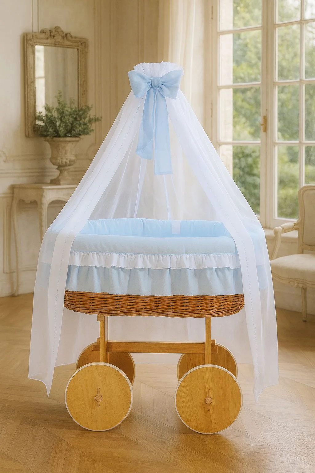 Moses Basket Wicker drape crib Deluxe Bellamy - natural + blue bedding 4