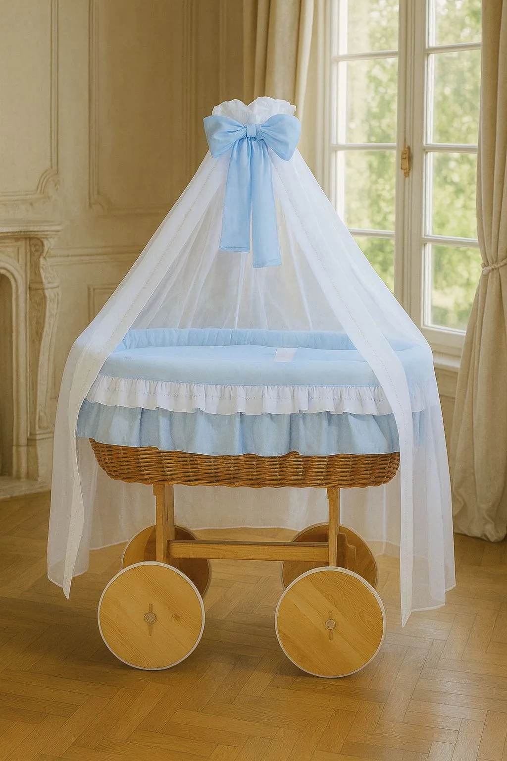 Moses Basket Wicker drape crib Deluxe Bellamy - natural + blue bedding 6