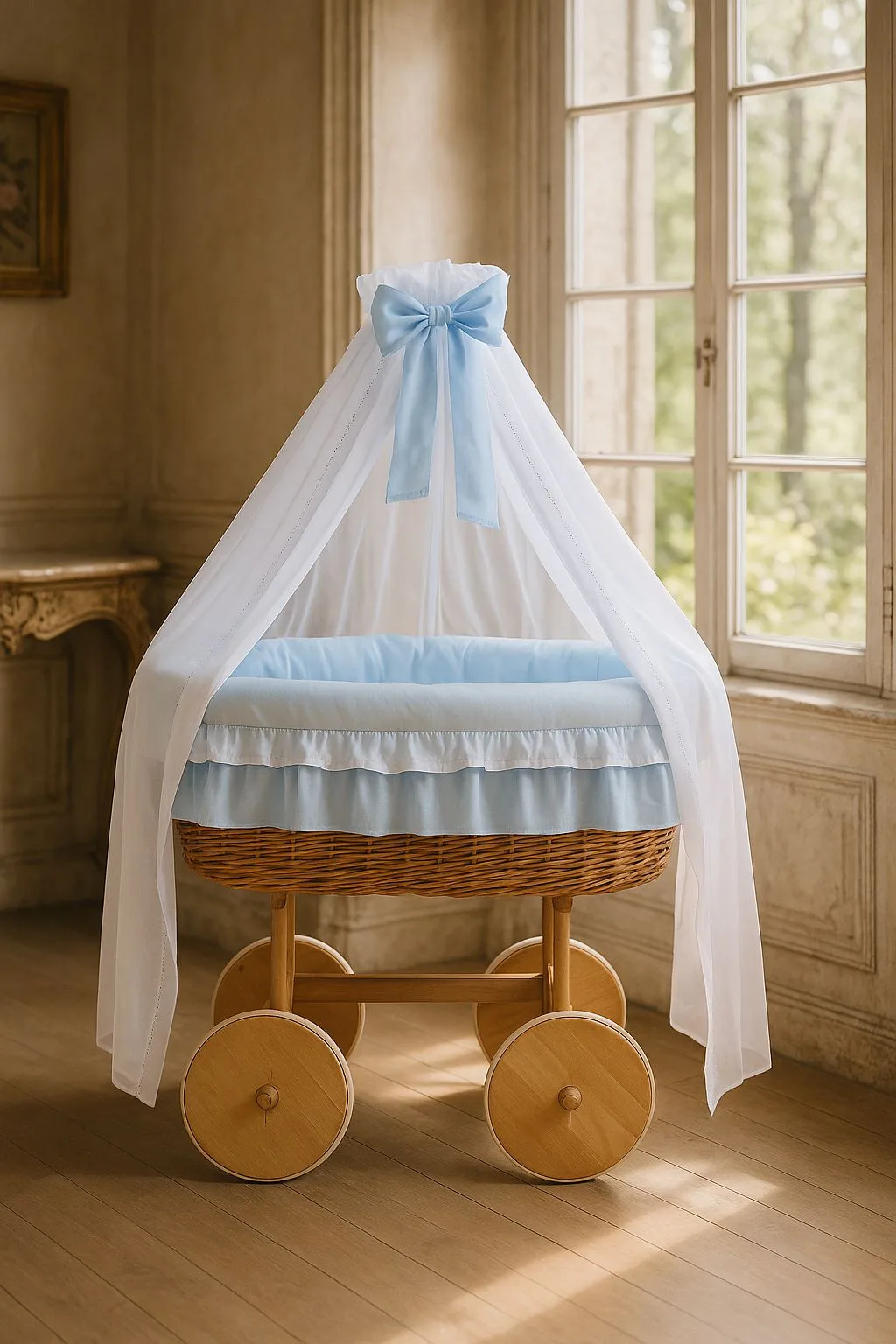 Moses Basket Wicker drape crib Deluxe Bellamy - natural + blue bedding 7