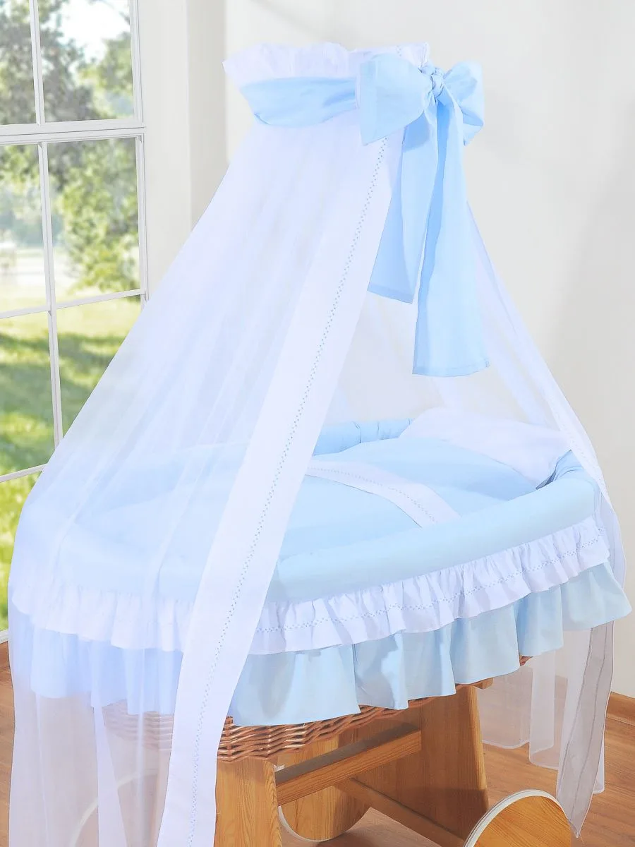 Moses Basket Wicker drape crib Deluxe Bellamy - natural + blue bedding 3