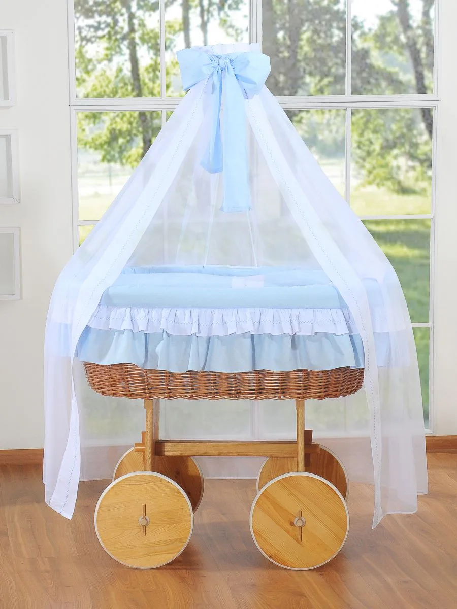 Moses Basket Wicker drape crib Deluxe Bellamy - natural + blue bedding 2