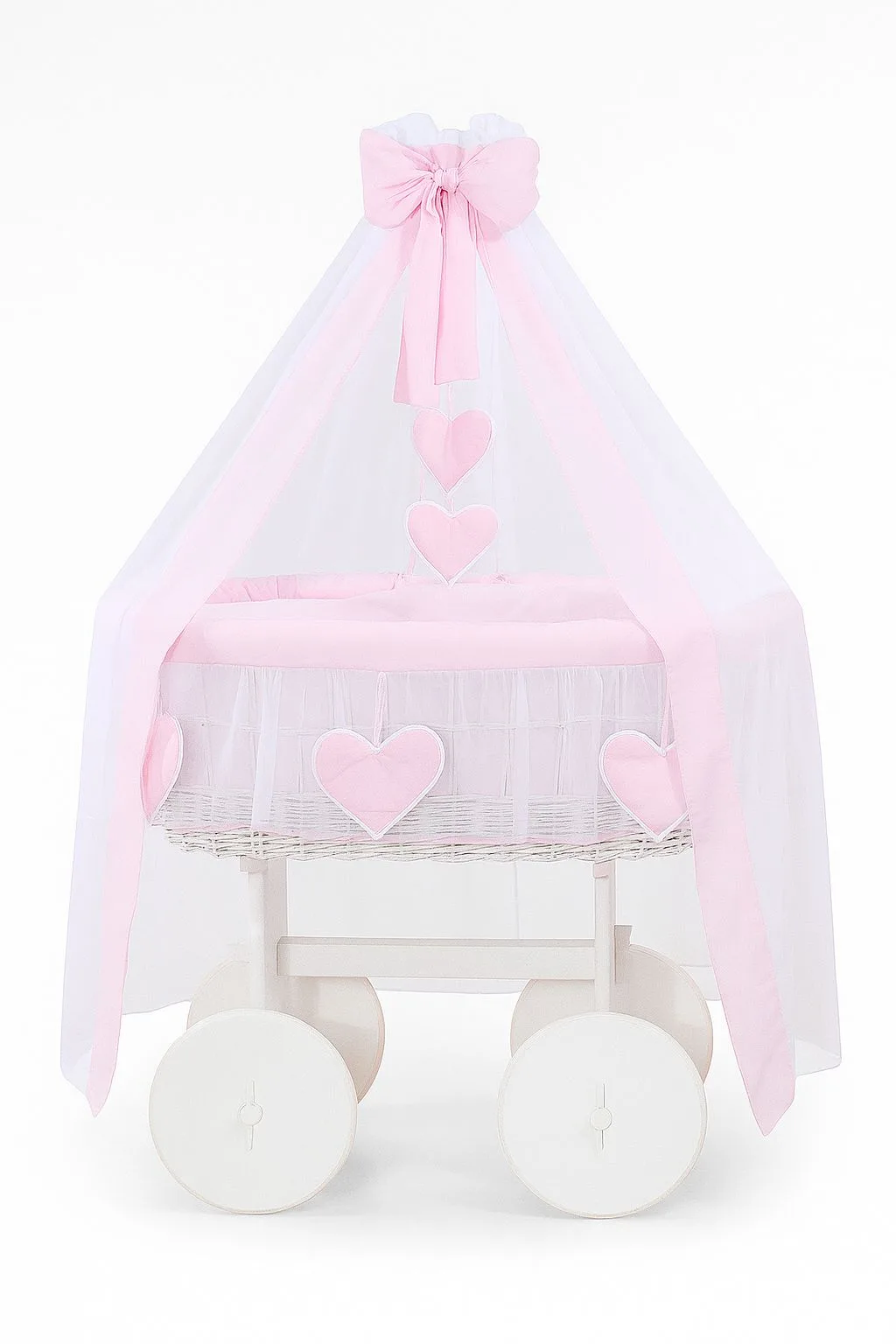 Moses Basket Wicker drape crib Deluxe Amelie - white + pink bedding