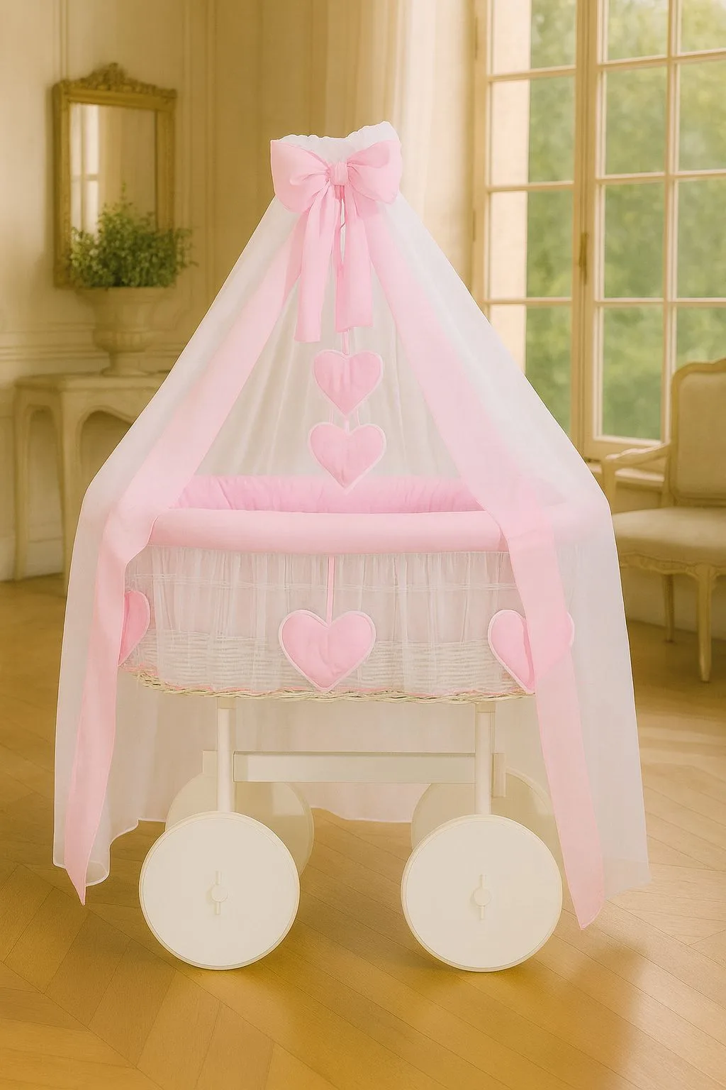 Moses Basket Wicker drape crib Deluxe Amelie - white + pink bedding 4