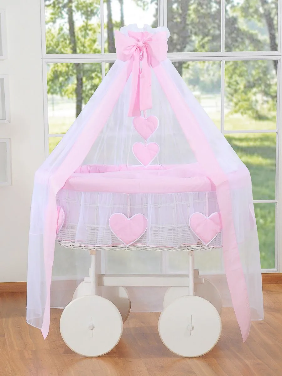 Moses Basket Wicker drape crib Deluxe Amelie - white + pink bedding 2
