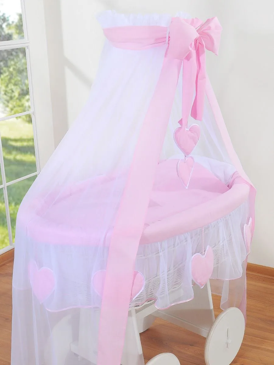 Moses Basket Wicker drape crib Deluxe Amelie - white + pink bedding 3