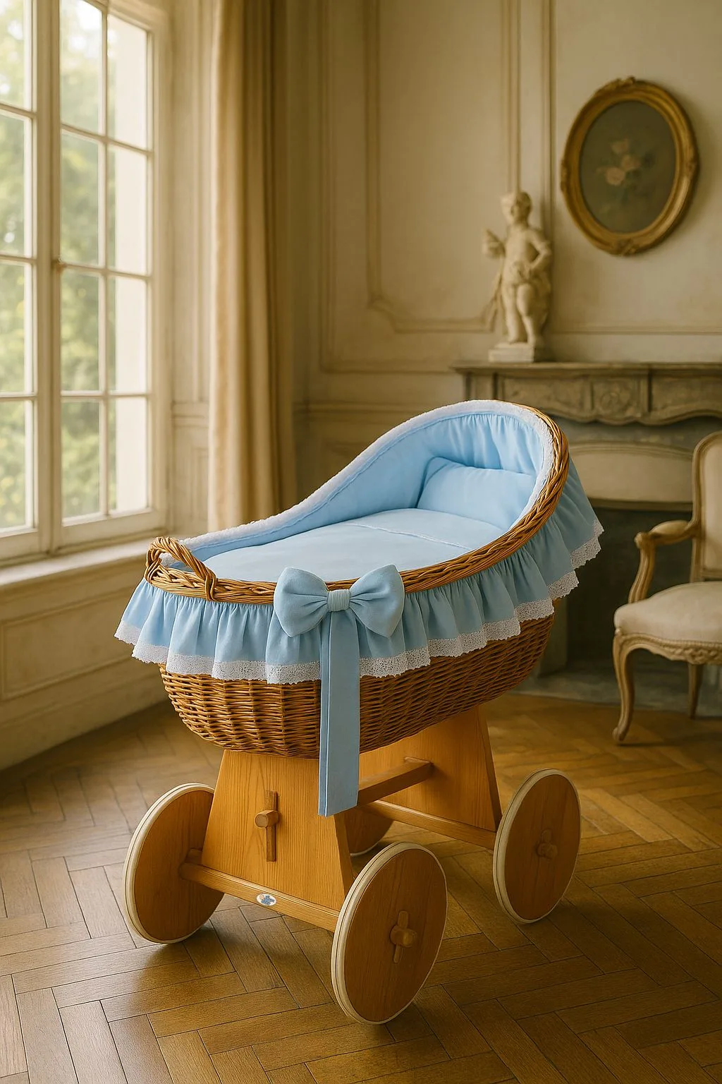 Moses Basket Wicker hood crib Carina - natural + blue bedding 6