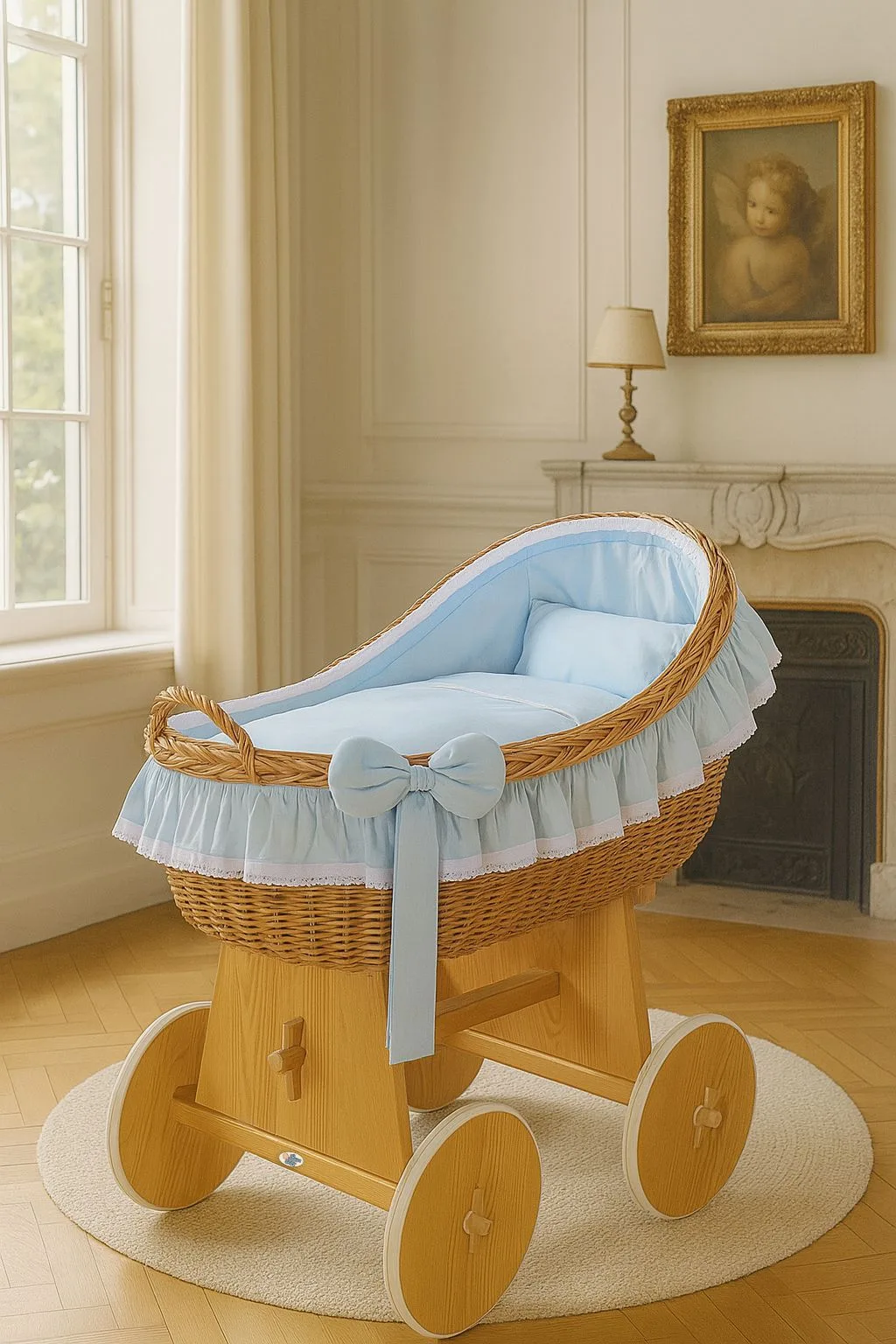 Moses Basket Wicker hood crib Carina - natural + blue bedding 7