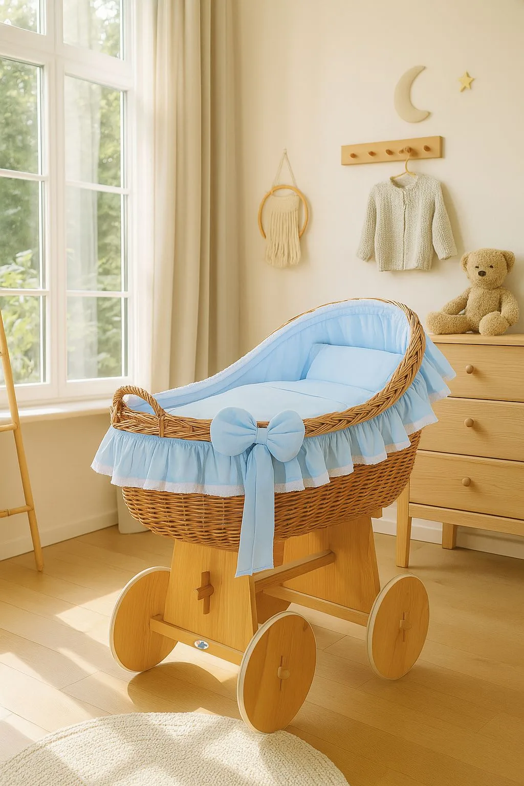 Moses Basket Wicker hood crib Carina - natural + blue bedding 4