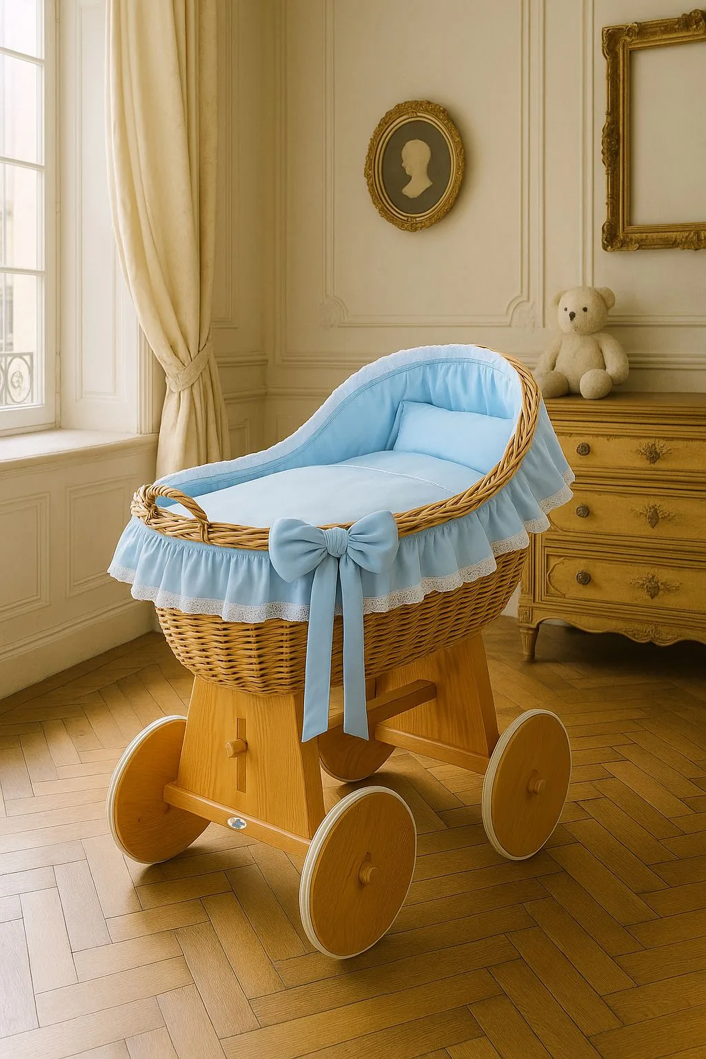 Moses Basket Wicker hood crib Carina - natural + blue bedding 5