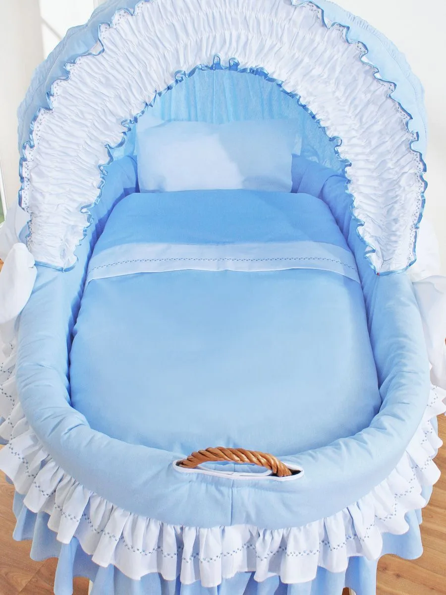 Moses Basket Wicker hood crib Bellamy - natural + blue bedding 5