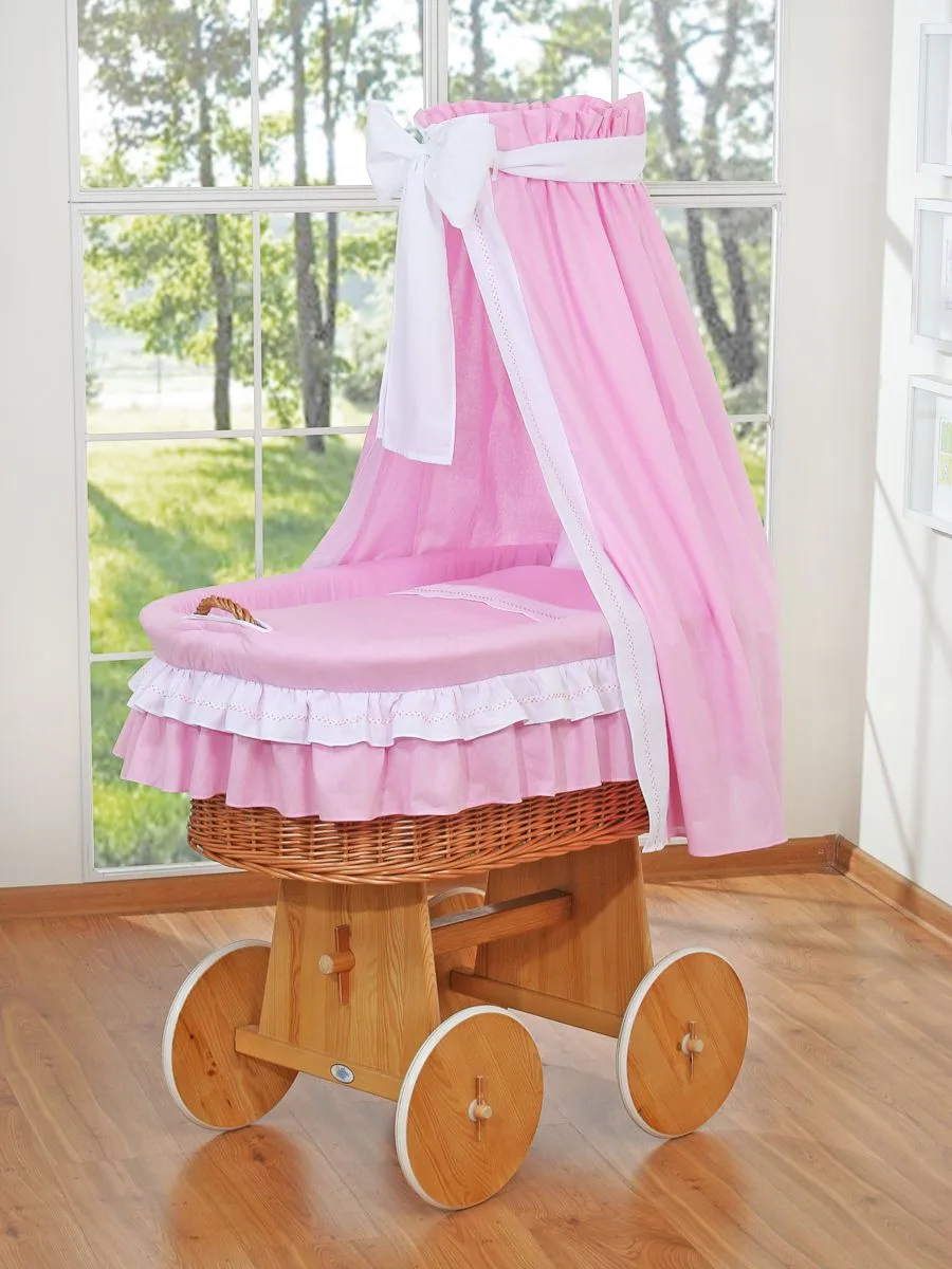 Moses Basket Wicker drape crib Bellamy - natural + pink bedding 2