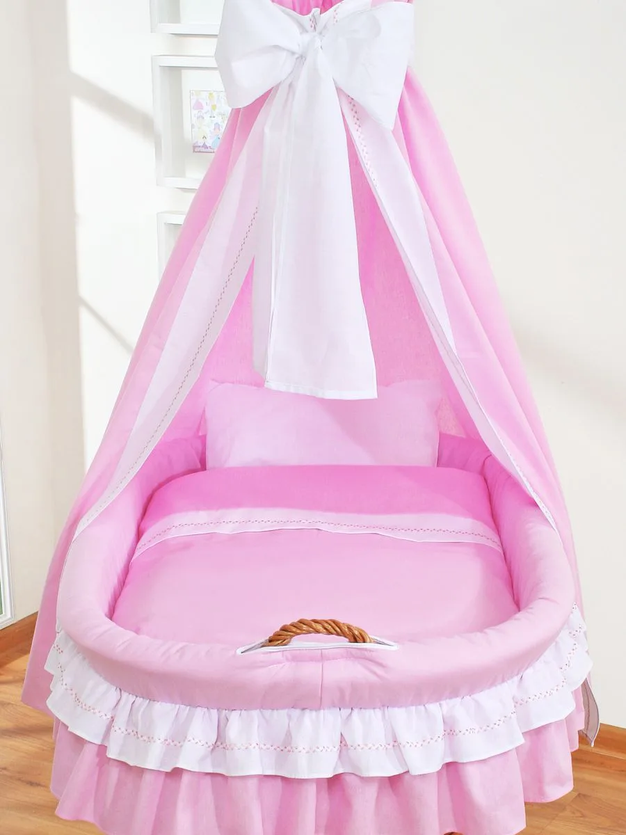 Moses Basket Wicker drape crib Bellamy - natural + pink bedding 3