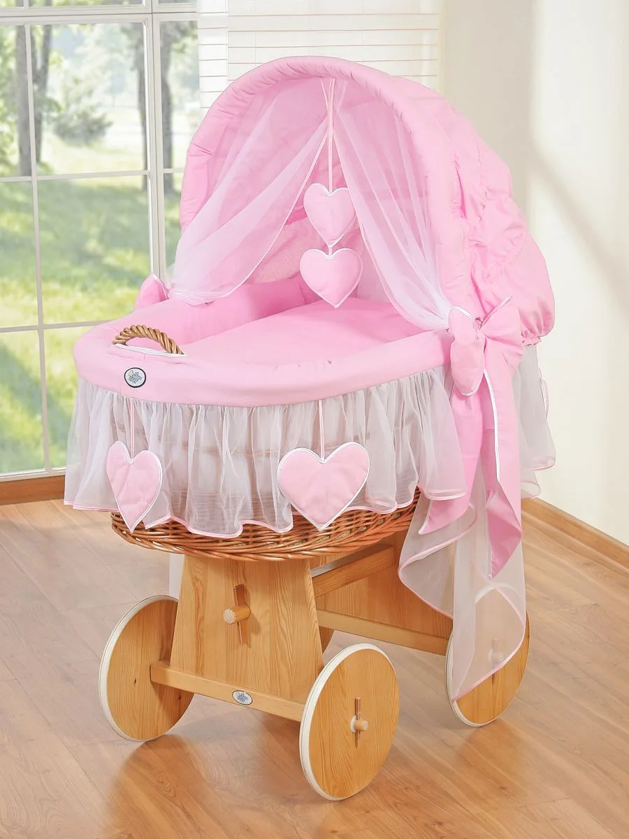 Moses Basket Wicker hood crib Amelie - natural + pink bedding 4