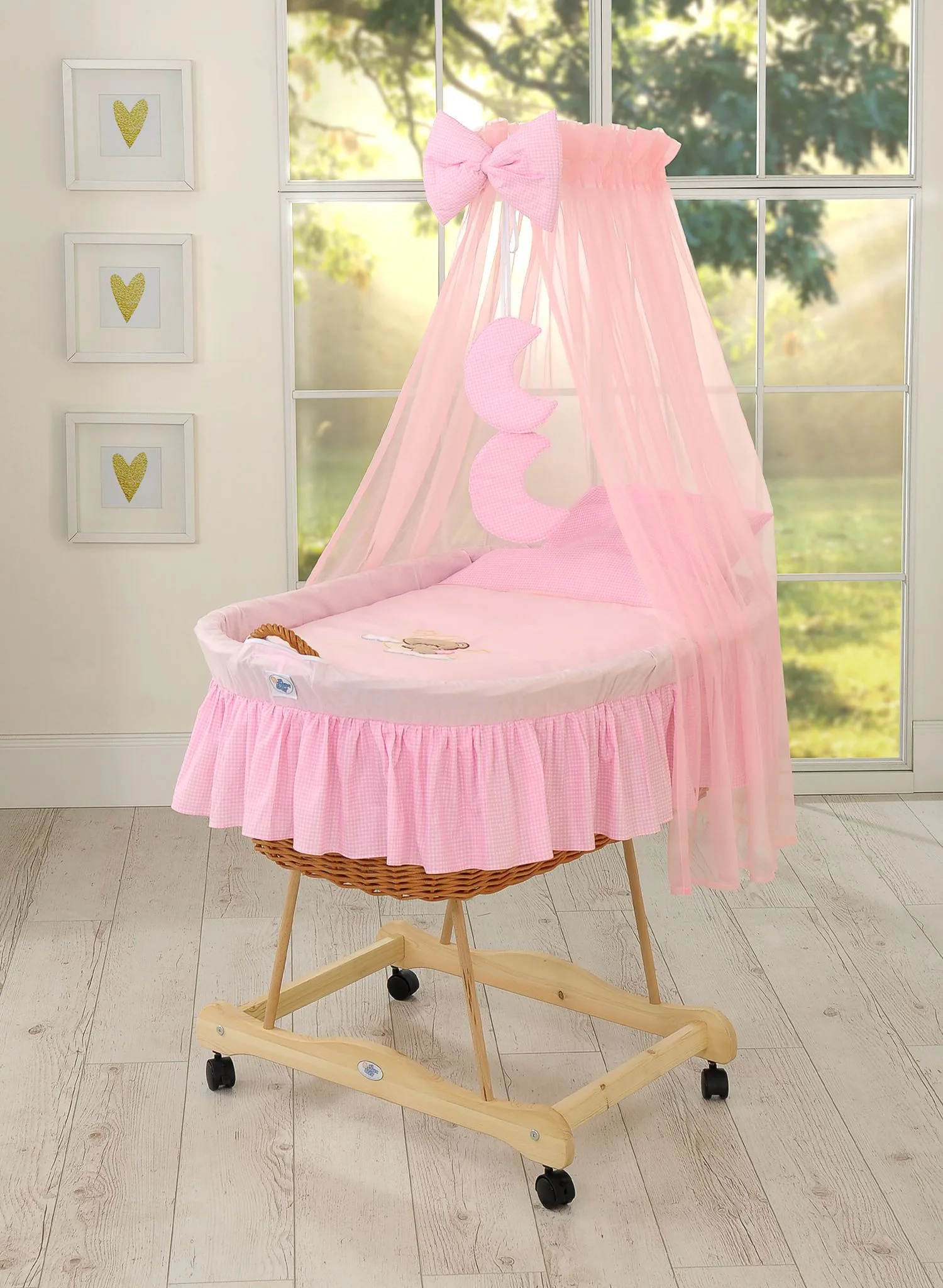 Moses Basket Wicker drape crib Good night - natural + pink bedding 6