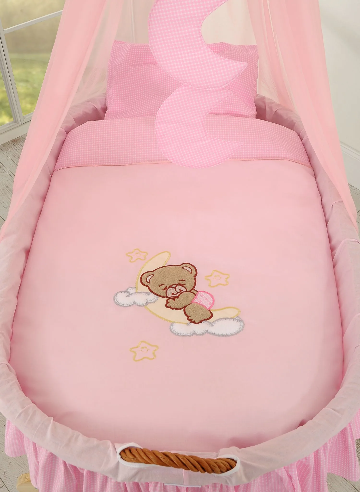 Moses Basket Wicker drape crib Good night - natural + pink bedding 7
