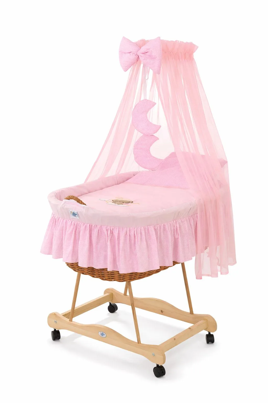 Moses Basket Wicker drape crib Good night - natural + pink bedding