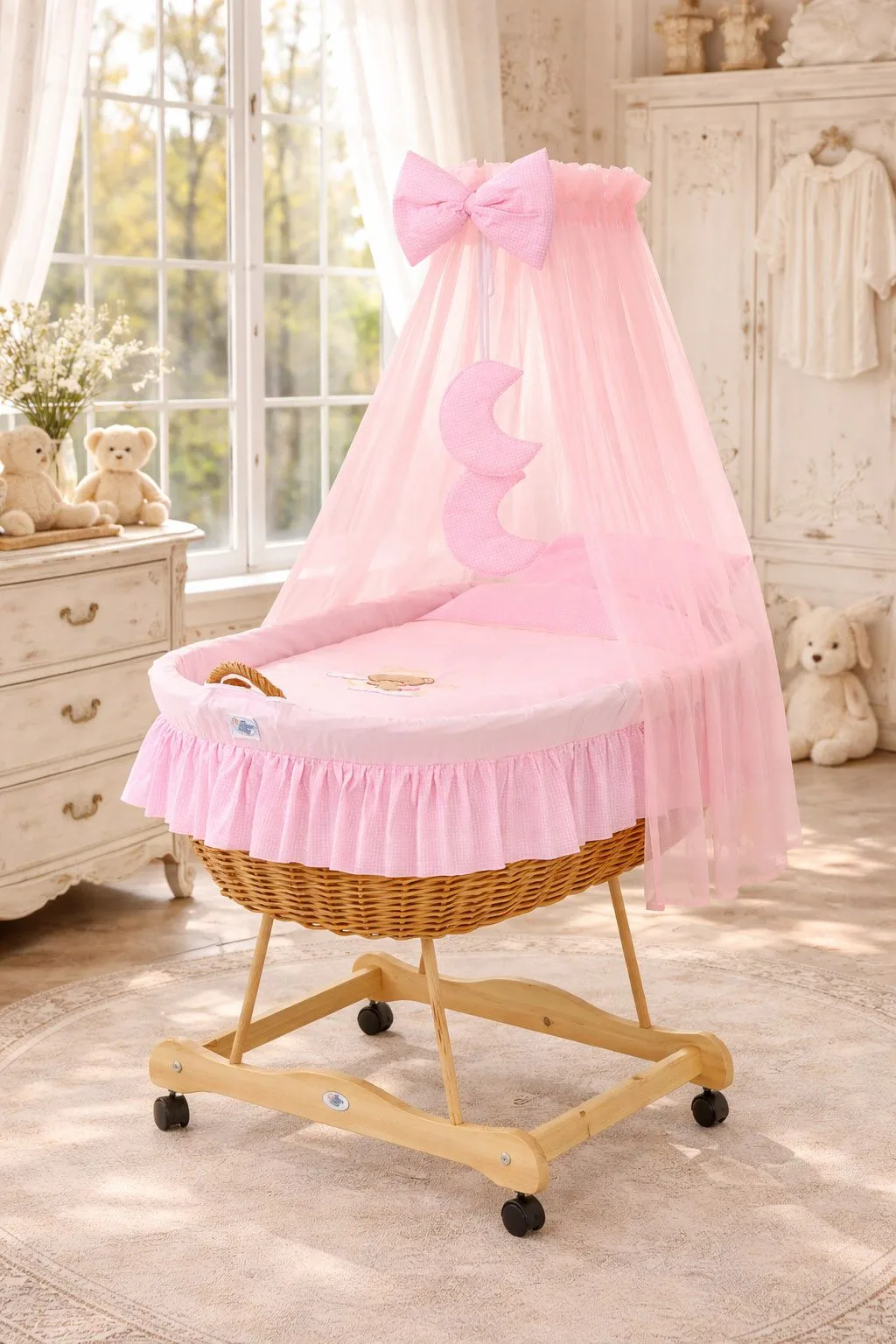 Moses Basket Wicker drape crib Good night - natural + pink bedding 4