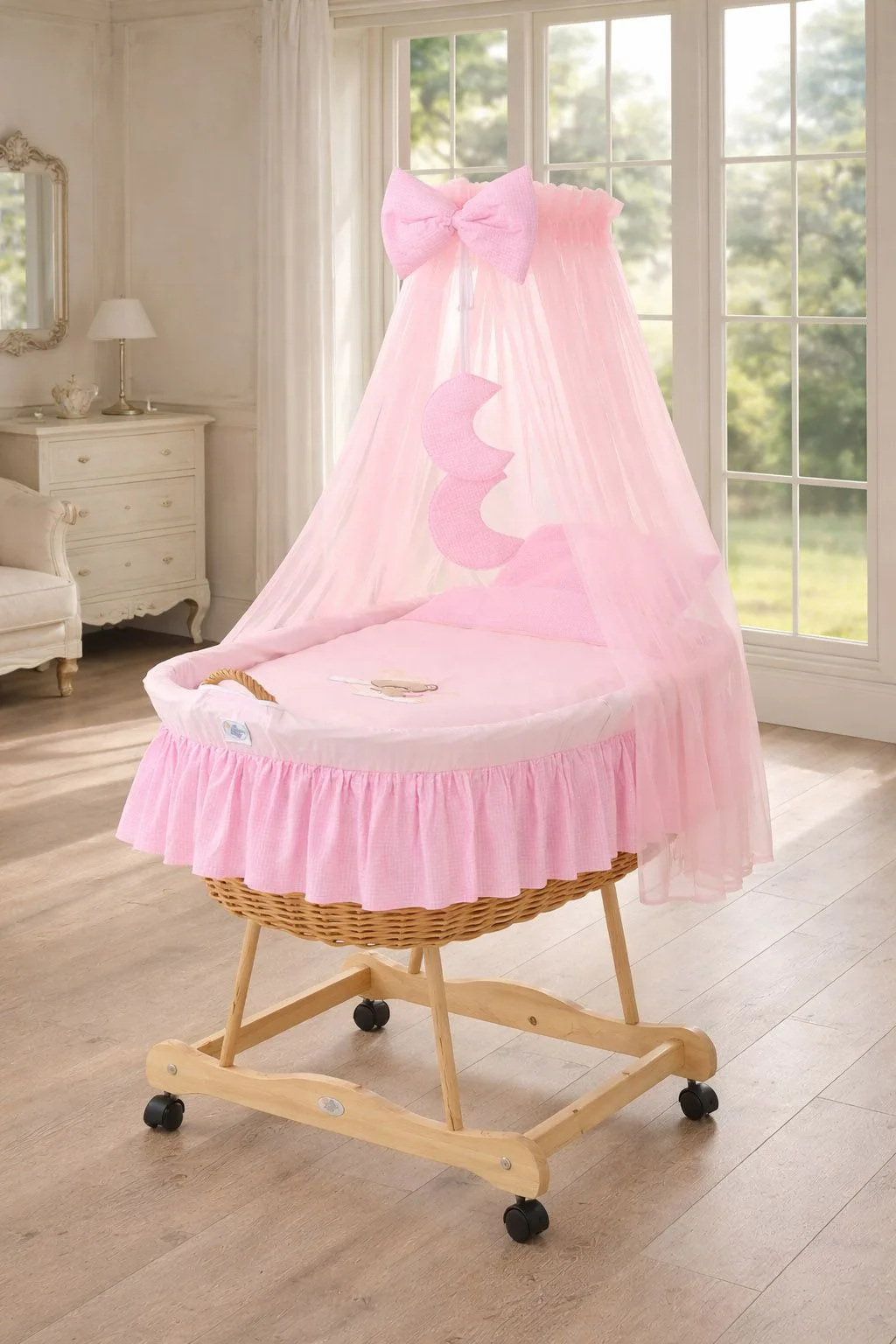 Moses Basket Wicker drape crib Good night - natural + pink bedding 5