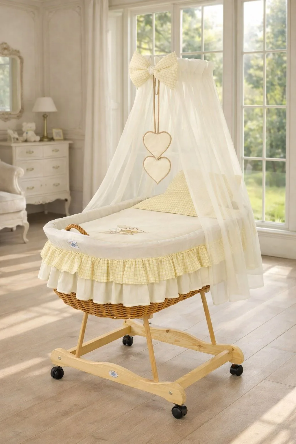 Moses Basket Wicker drape crib Bear with bow - natural + cream bedding 5