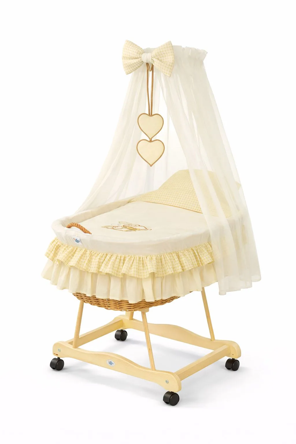 Moses Basket Wicker drape crib Bear with bow - natural + cream bedding