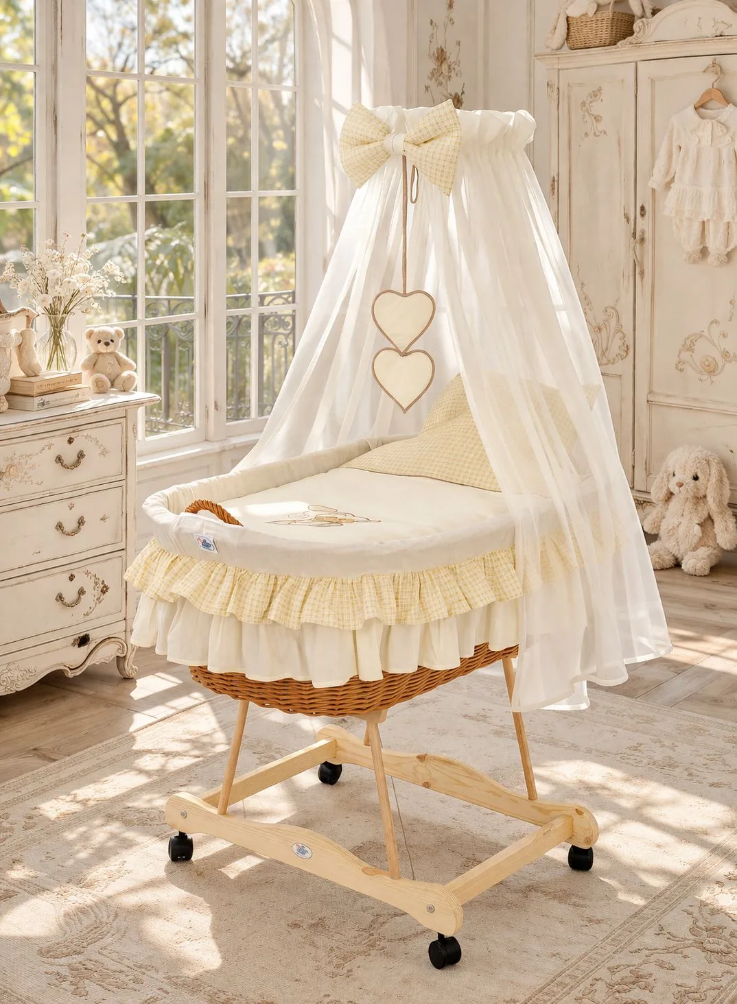 Moses Basket Wicker drape crib Bear with bow - natural + cream bedding 2