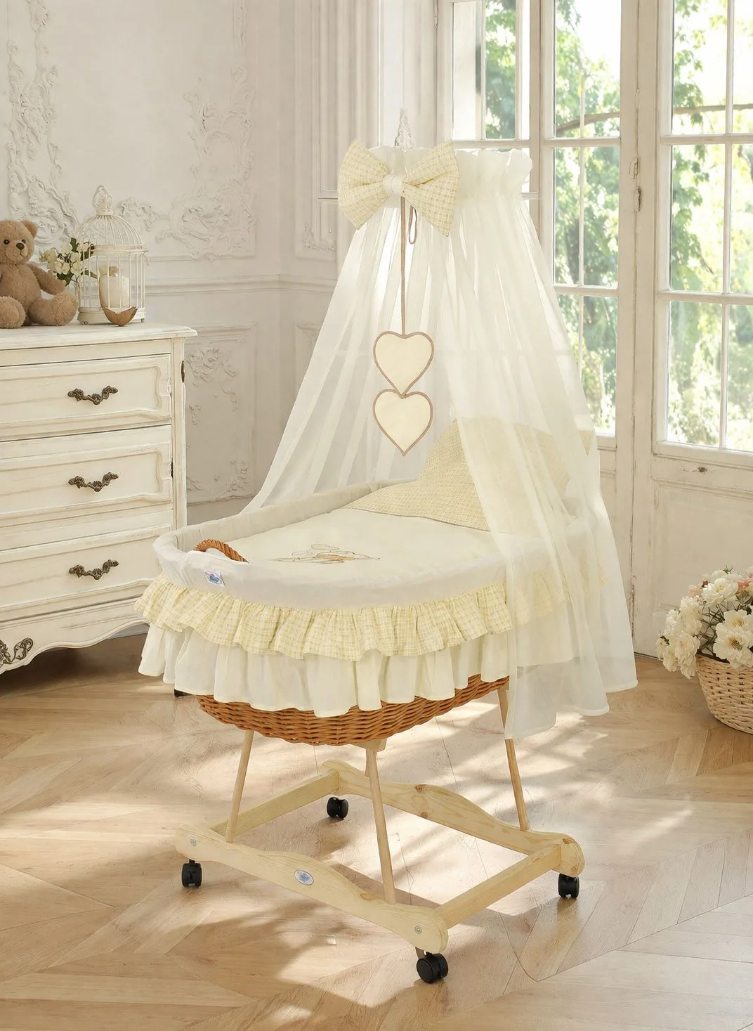 Moses Basket Wicker drape crib Bear with bow - natural + cream bedding 4