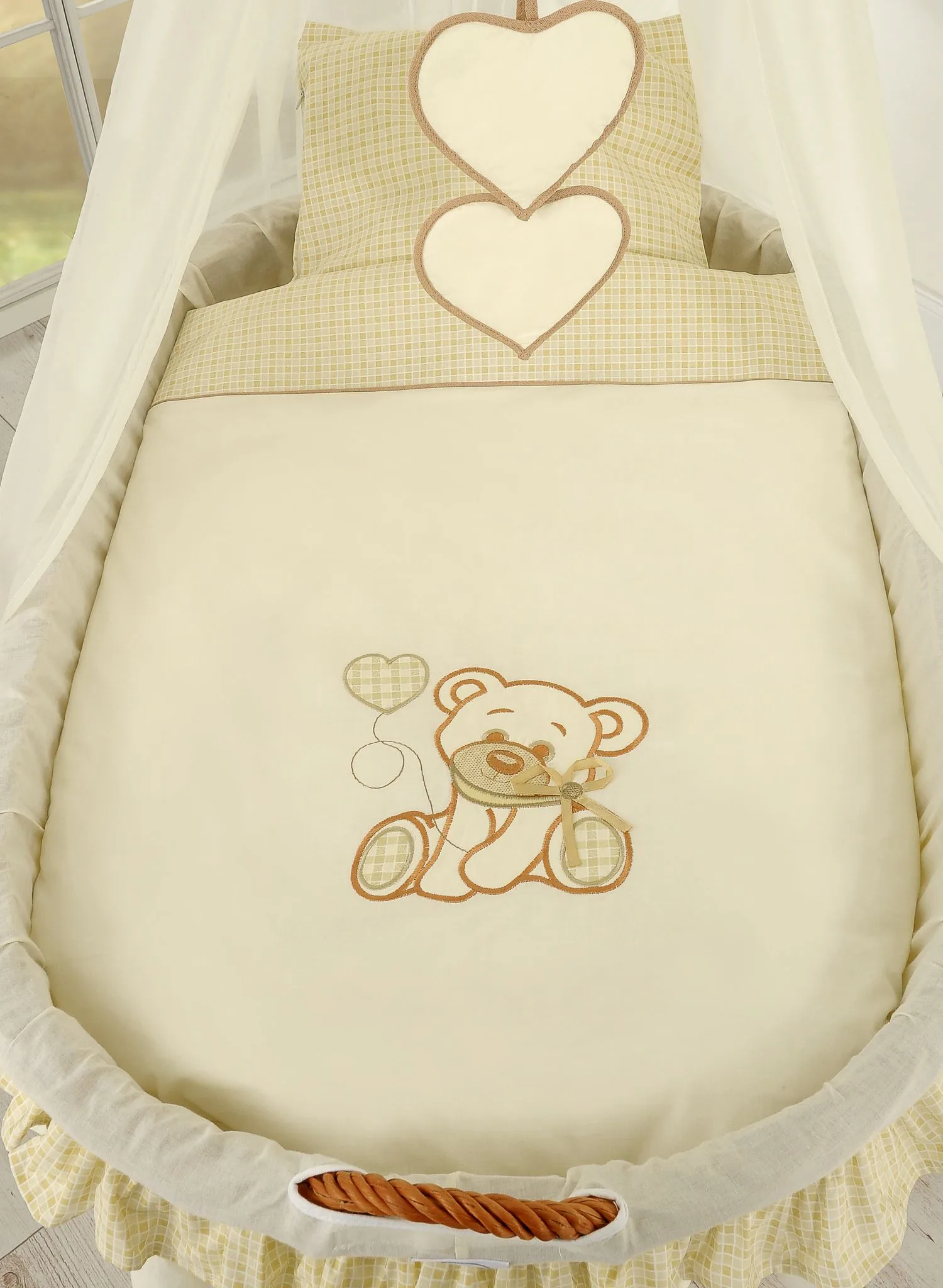 Moses Basket Wicker drape crib Bear with bow - natural + cream bedding 3