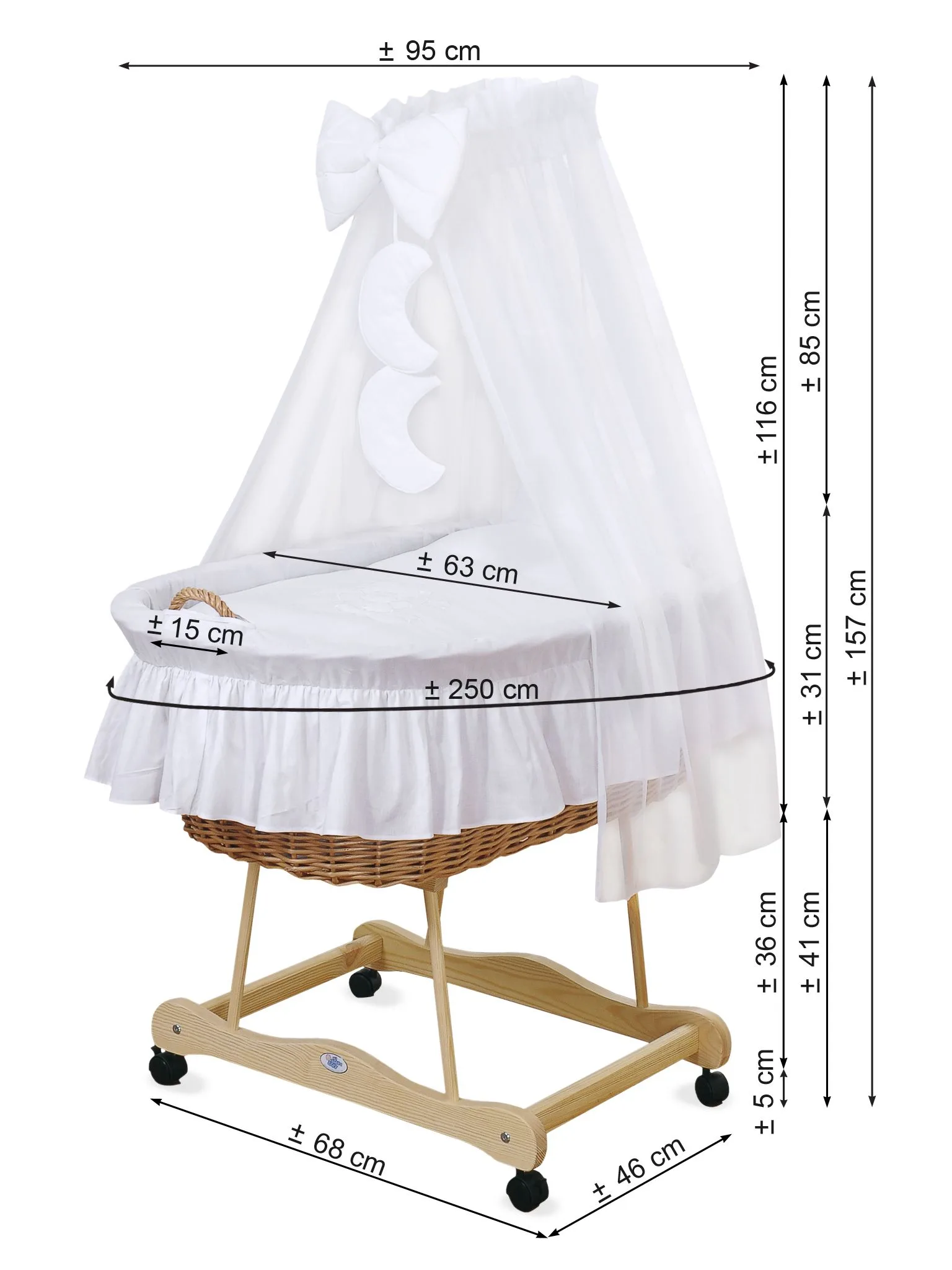 Moses Basket Wicker drape crib Bear with bow - natural + cream bedding 6